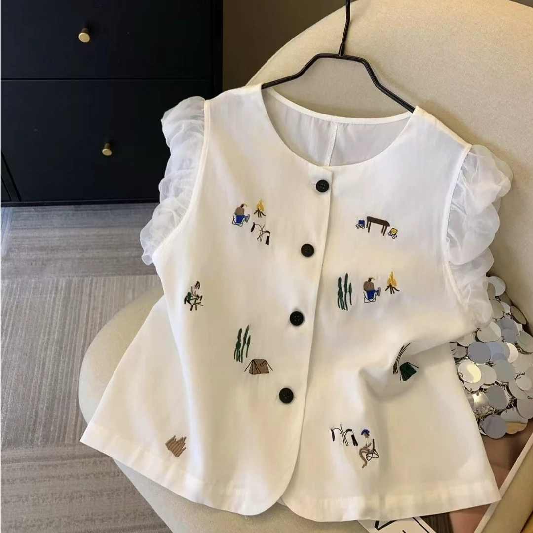 韩版卡通刺绣圆领飞飞袖衬衫女2025夏季新款甜美减龄显瘦气质小衫