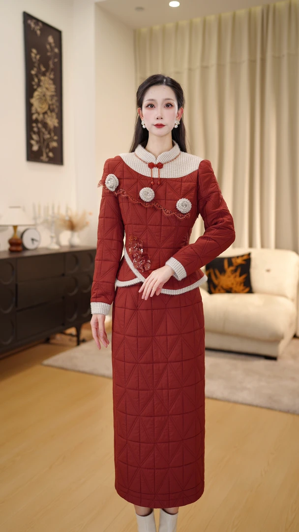 【 DLS5Q317】夹棉加厚两件套轻奢冬季款收腰显瘦高端精致连衣裙