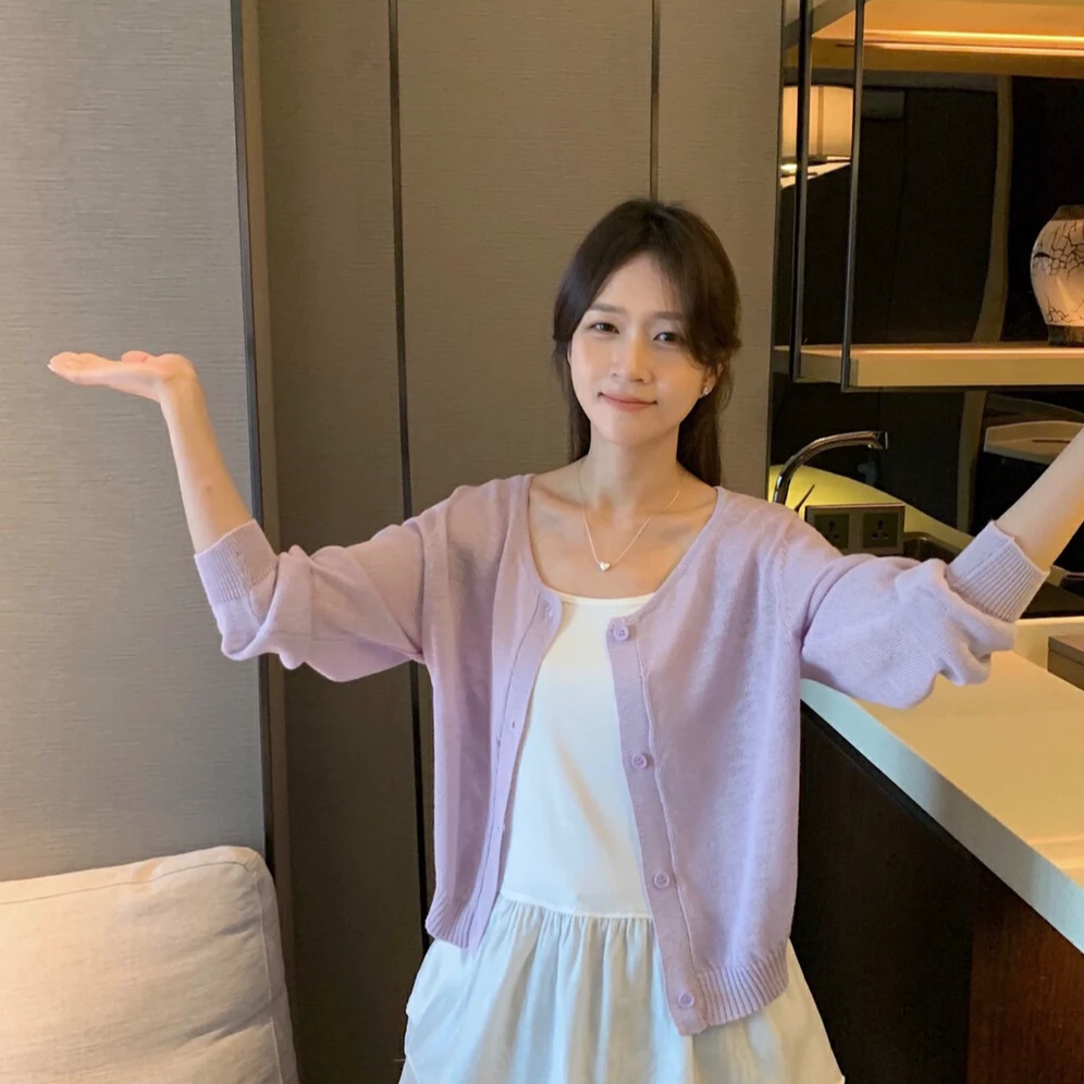 韩版简约舒适透气亚麻彩色系排扣长袖开衫针织衫