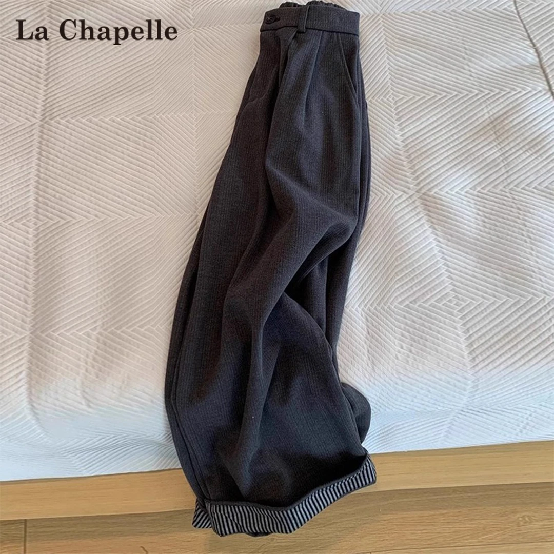 拉夏贝尔深灰色呢料卷边阔腿裤女秋季日系人字纹高腰宽松直筒裤子