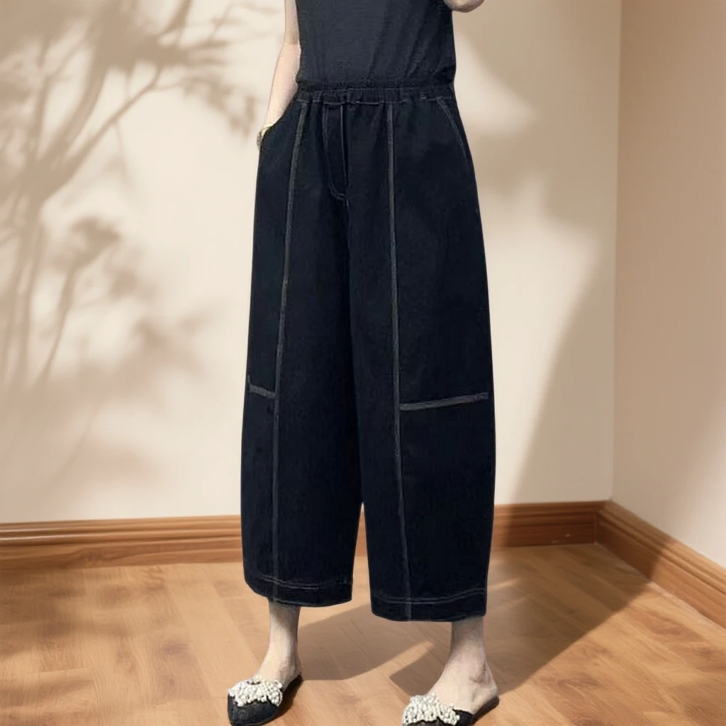 透气轻职风松紧春秋季高腰风休闲裤宽松百搭裤阔腿裤八分裤直筒