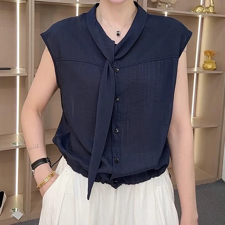 【女人家】832夏季新款设计感薄款气质小衫设计感系带衬衫