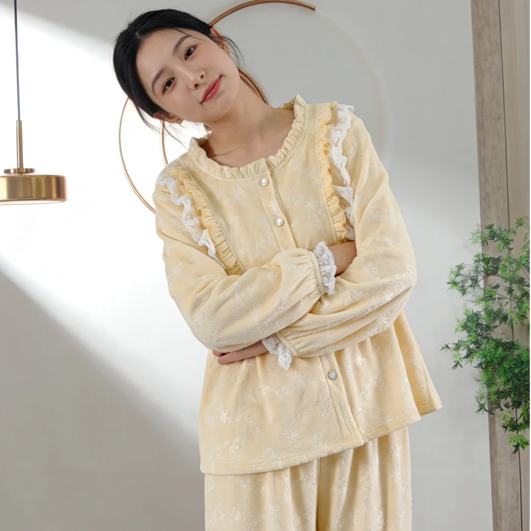 海岛绒家居服睡衣青年女加厚冬季长袖长裤保暖甜美