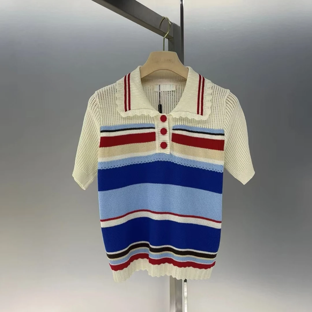 《猪猪出品》2025上新款彩色镂空粗条纹翻领娃娃领POLO衫01