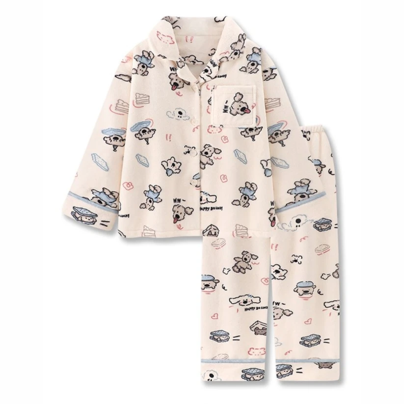 秋冬季珊瑚绒睡衣女新款可爱小狗法兰绒毛绒保暖家居服可外穿套装