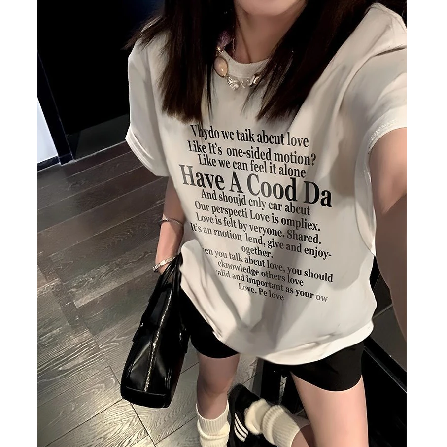 CKKOR夏季渐变丁达尔风百搭美式宽松圆领印花纯棉潮牌短袖t恤女