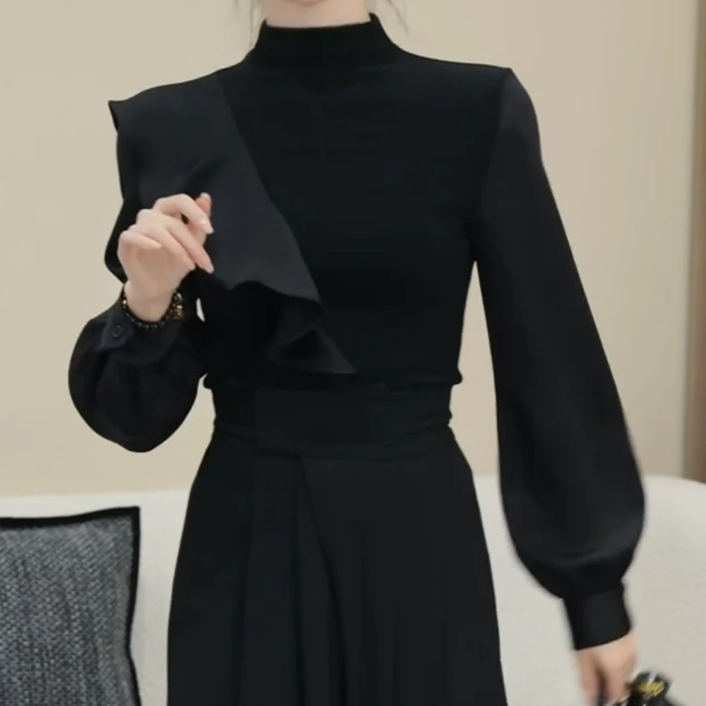 收腰新款半高领黑色气质长袖T恤洋气女时尚修身显瘦上衣C3606