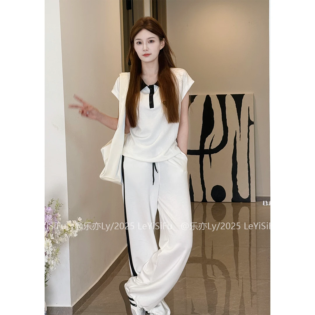 套装两件套抽绳款拼接撞色设计师款夏款套装短袖上衣直筒裤X25016