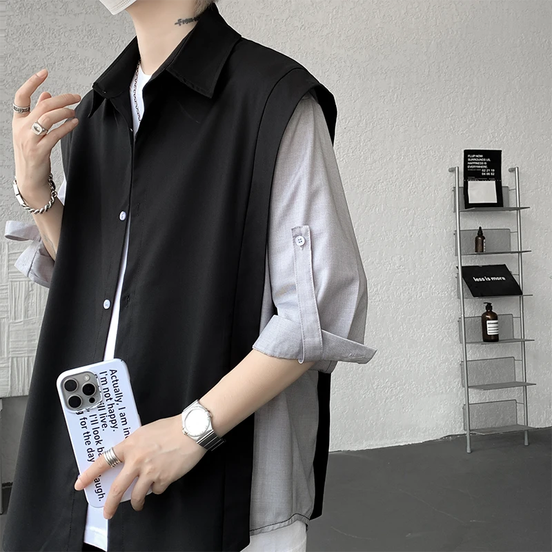 复古轻熟风假两件短袖衬衫套装撞色拼接百搭潮流五分袖两件套男款