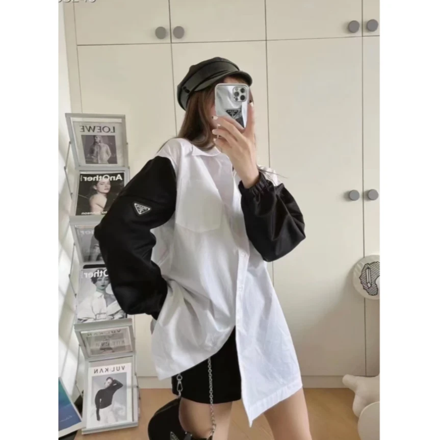 未使用 Prada/普拉达 汤/P245314926/金属三角标 拼接设计衬衫 36