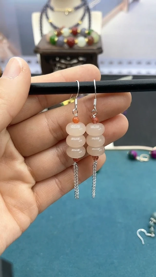 【闪购商品】和田玉耳饰银S925镶嵌藕粉算盘耳钩