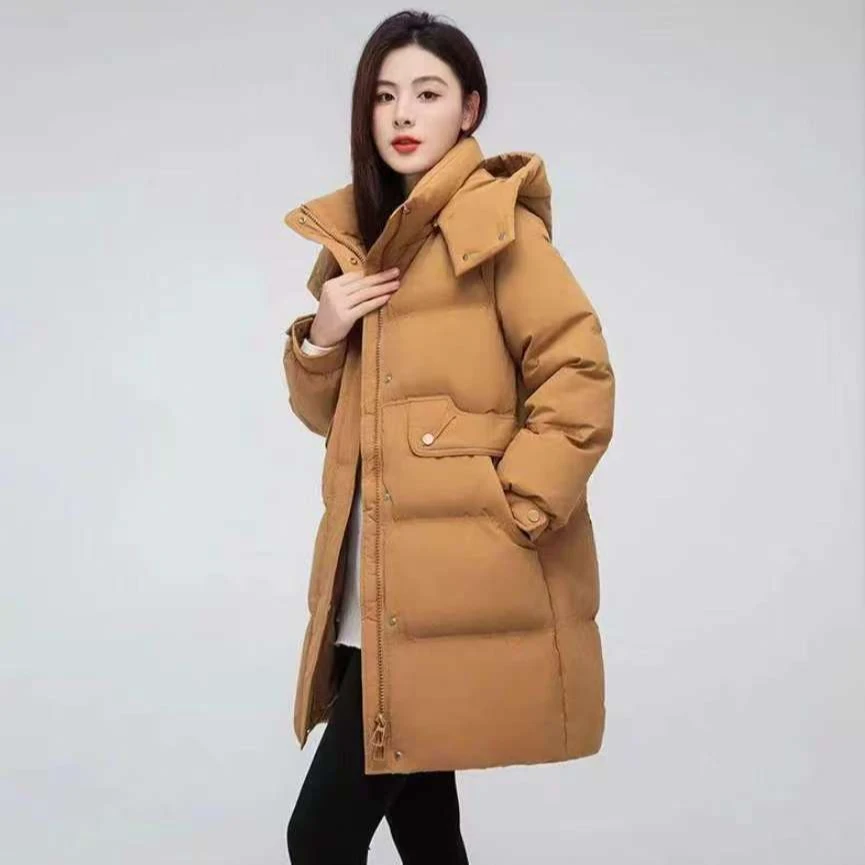 棉服女中长款冬季大码加厚保暖棉衣时尚宽松韩版帽子可拆棉袄外套