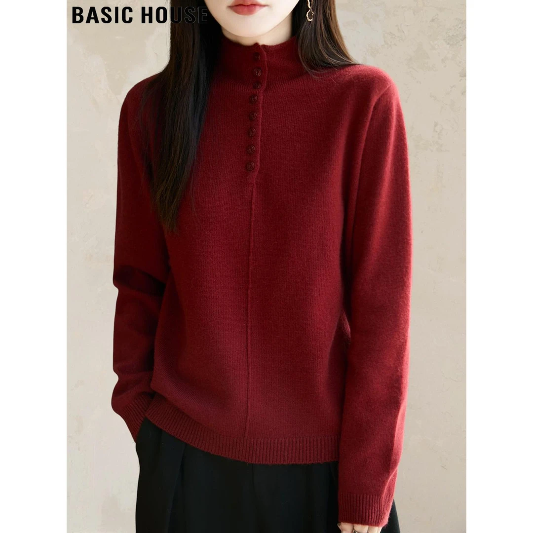 Basic House/百家好圣诞红半高领羊毛针织衫女2025冬季打底衫毛衣