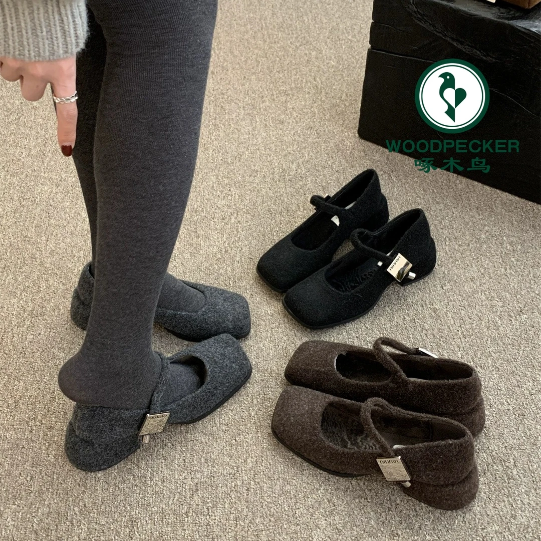 啄木鸟毛毛鞋女外穿新款法式复古呢子粗跟阔腿裤必备鞋显瘦加绒款
