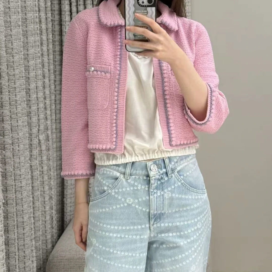99新 Chanel/香奈儿 25P新款粉色水钻双C扣针织开衫 34码