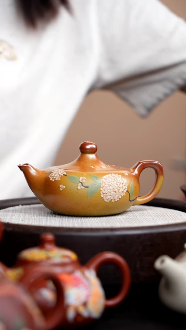 茶壶紫砂柴烧胭脂红曲壶泥绘球花