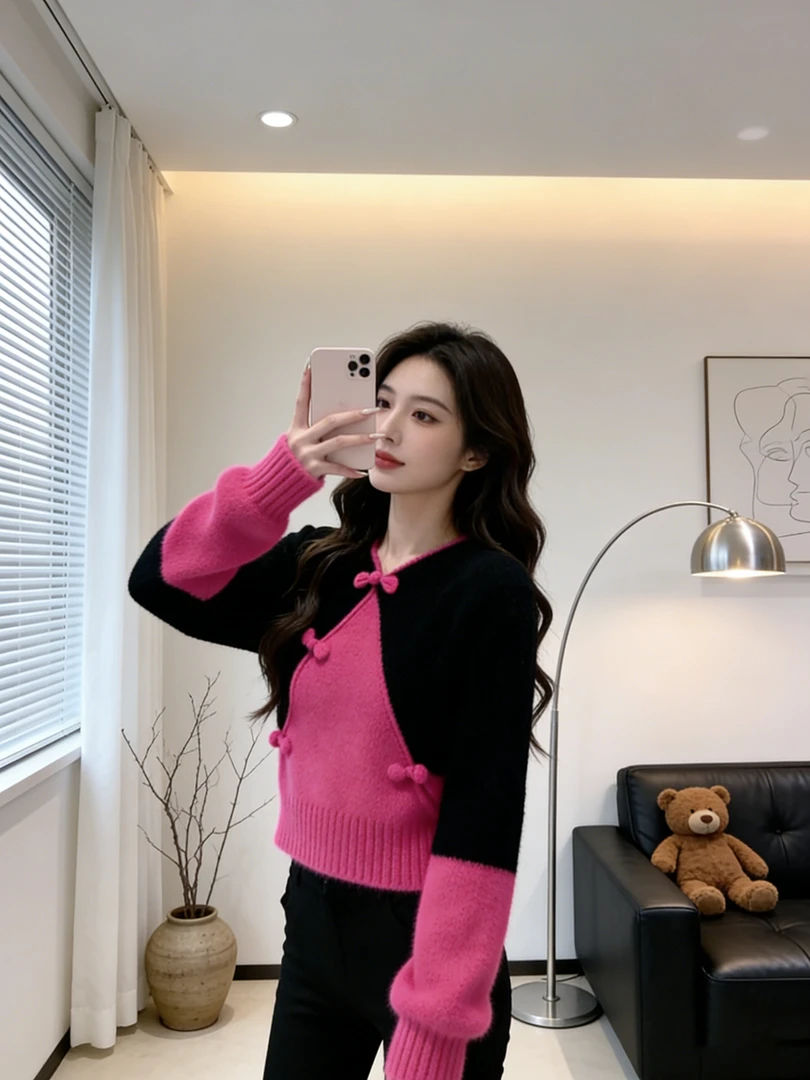 冬季慵懒高级感软糯设计感毛衣独特漂亮气质轻熟新中式撞色针织衫