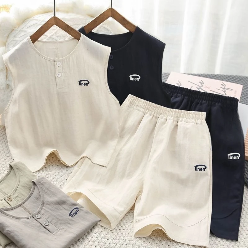 男童棉麻背心套装2025夏季新款中大童无袖上衣洋气工装短裤两件套
