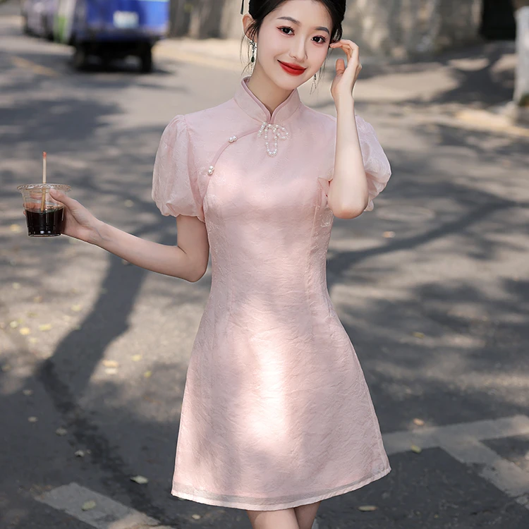 粉色旗袍2025新款改良年轻款少女小个子短款日常可穿法式百搭夏季