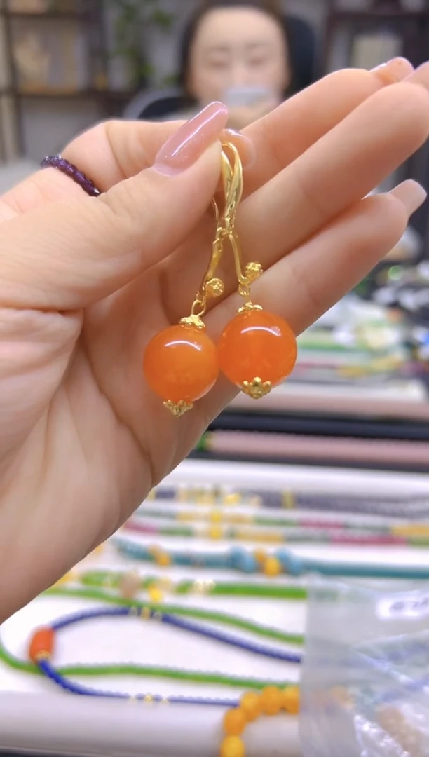 14K金镶嵌蜜蜡耳饰DIY款E722