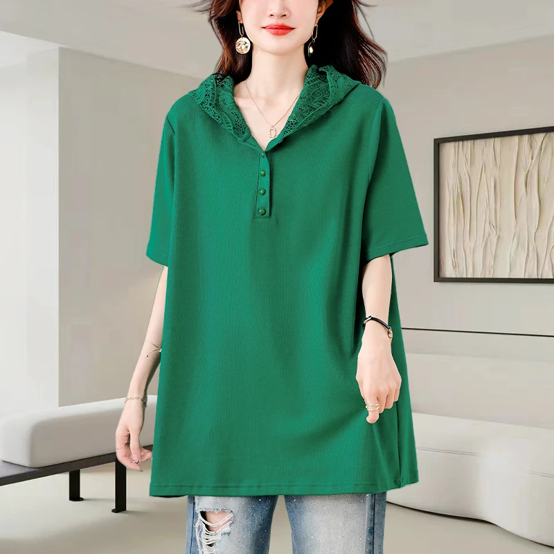 绿色连帽蕾丝短袖t恤女士夏季2025新款时尚减龄宽松显瘦休闲上衣