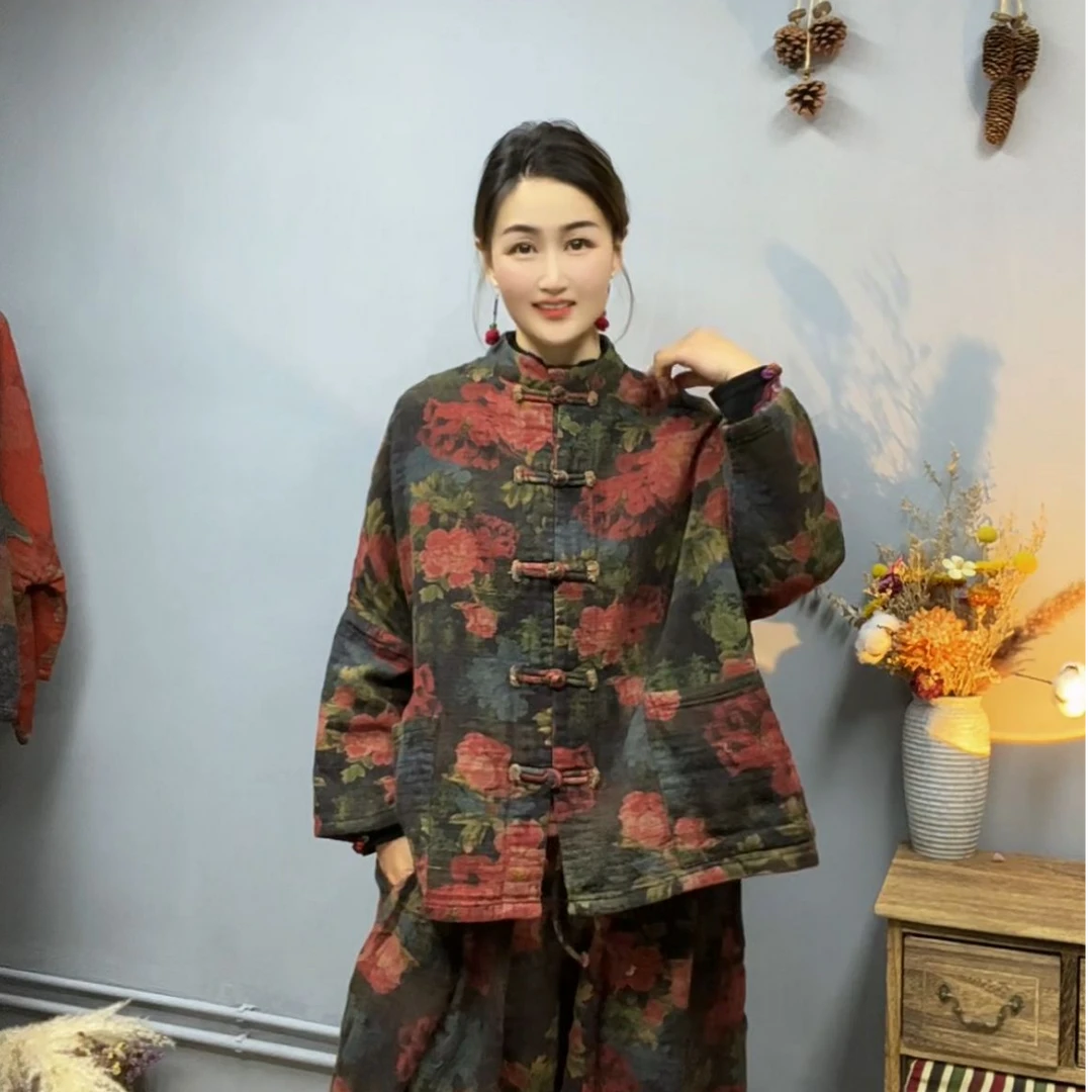 新款中式斜纹麻百搭开衫中国风复古盘扣立领时尚印花外套女