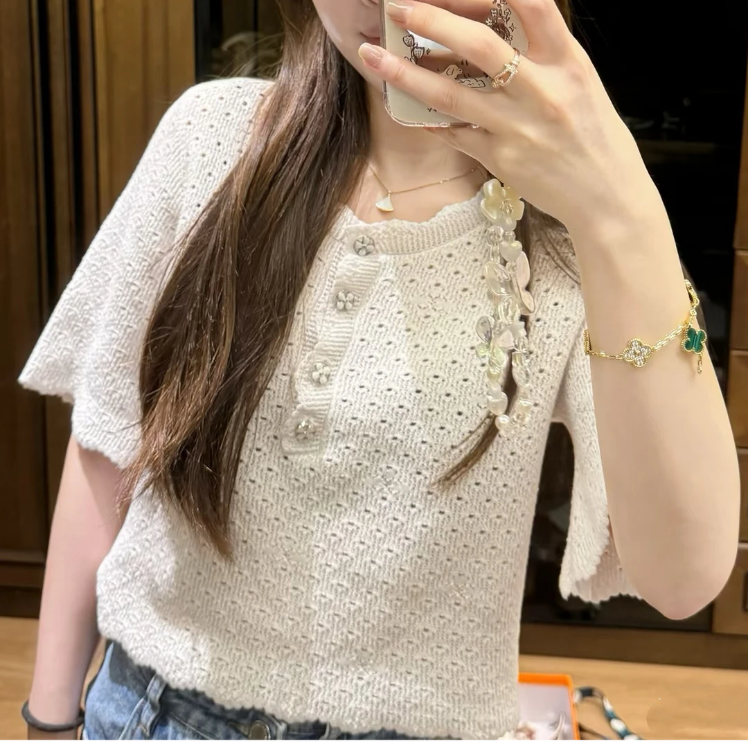 99新 Chanel/香奈儿 40码 24P早春预告白色镂空短袖短款上衣