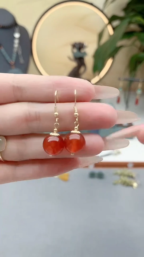 银S925镶嵌耳饰玛瑙/玉髓00红色单株12