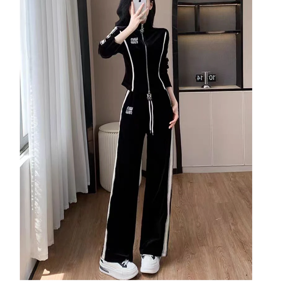 8025 春季新款时尚百搭金丝绒高腰显瘦休闲套装 三楼