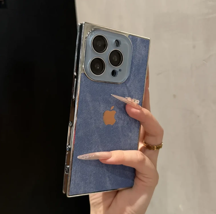 高级感方形牛仔皮质适用16promax手机壳新款iPhone15创意14时尚13