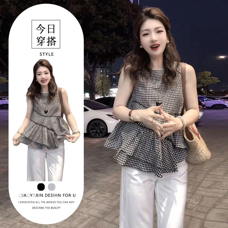 2025夏季超火穿搭套装女韩系不规则无袖格子上衣直筒休闲裤两件套