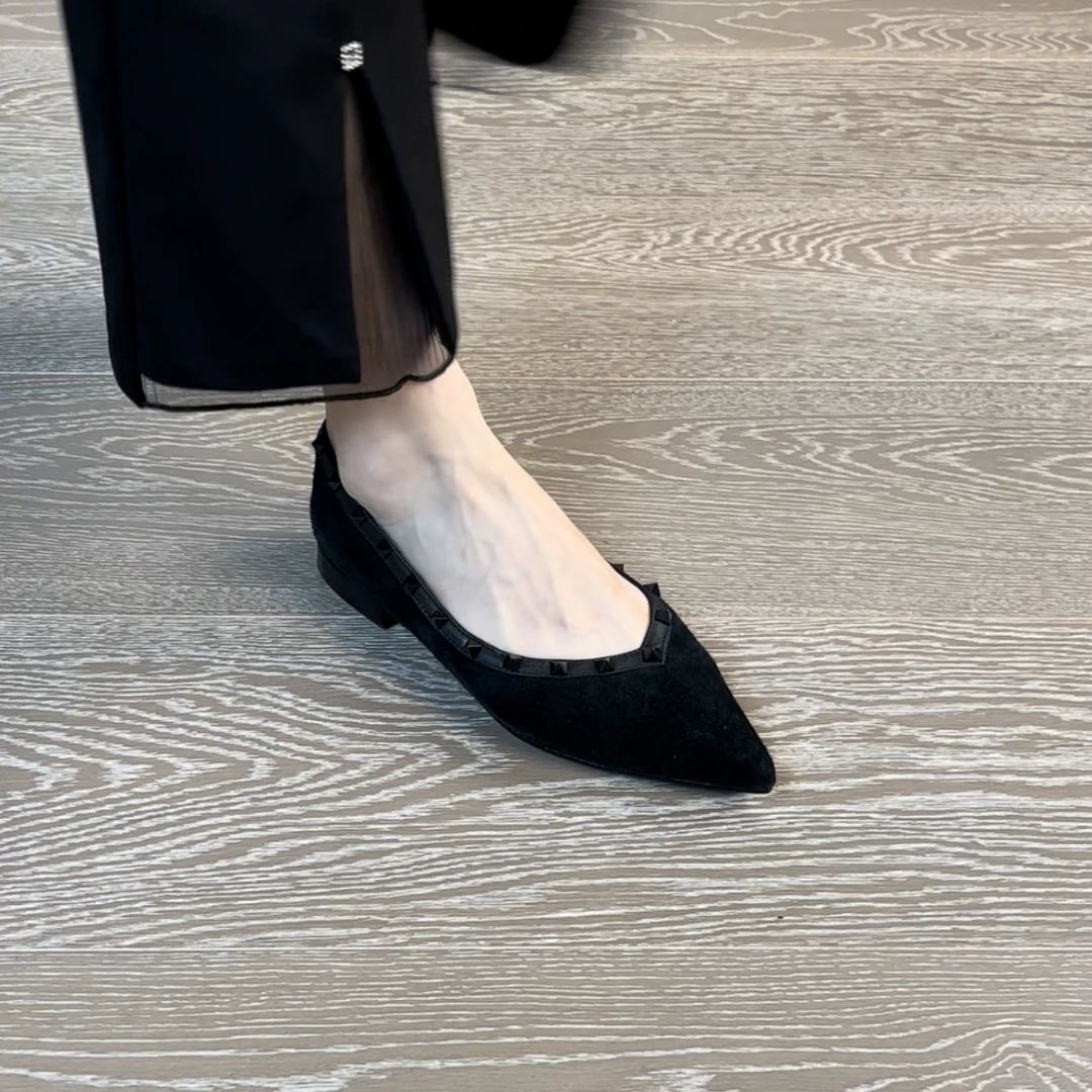 2CM头层牛皮舒适单鞋春季女士秋季胶粘浅口尖头气质拼色百搭耐磨