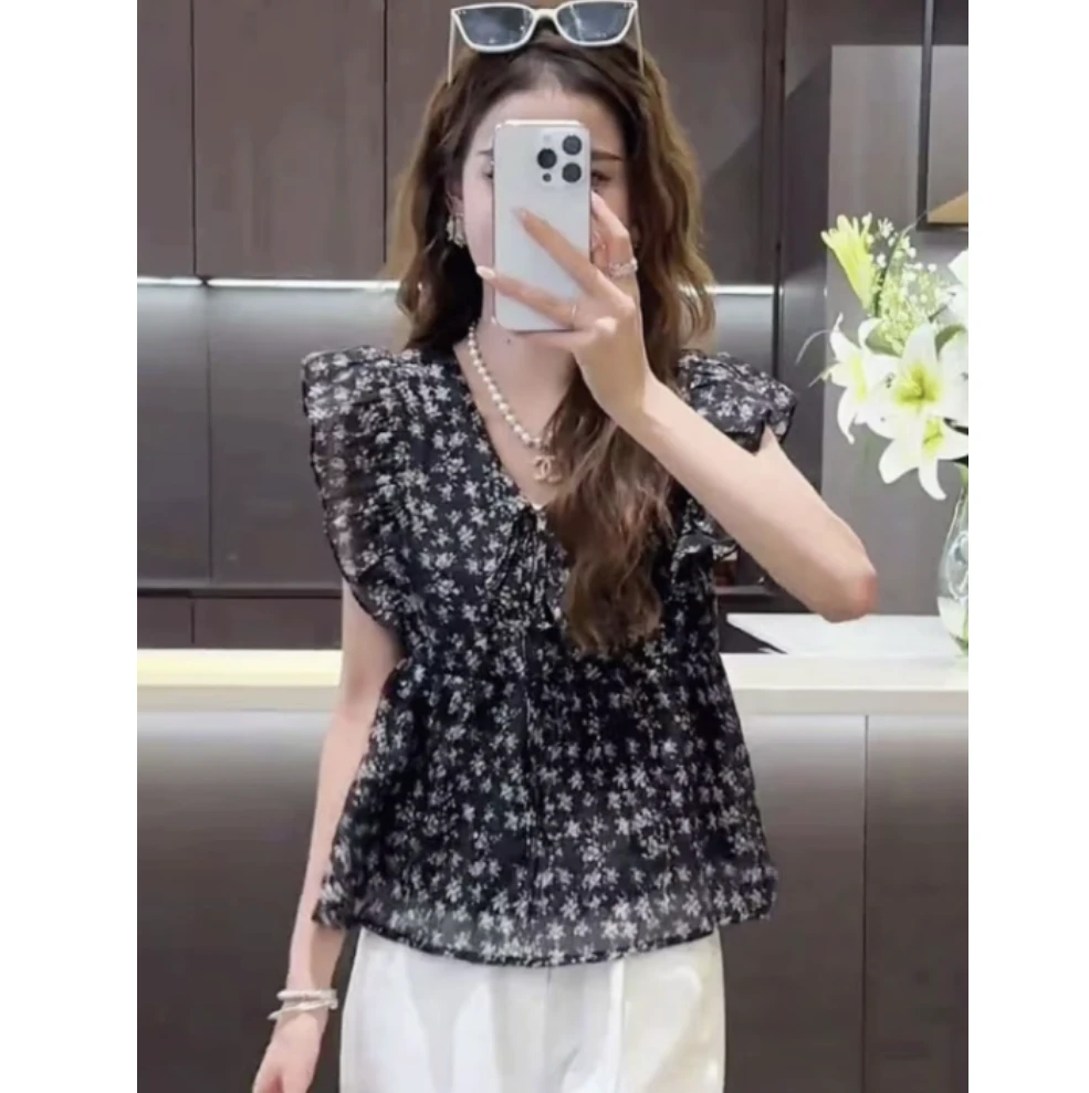 清新小飞袖雪纺衬衫女轻奢高级感爆款夏季碎花小衫雪纺衫上衣9586