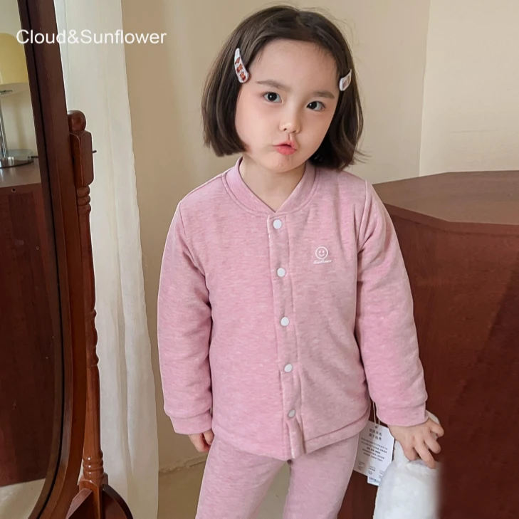 女童冬季五粒扣纯色笑脸印花羊毛夹层保暖打底上衣096