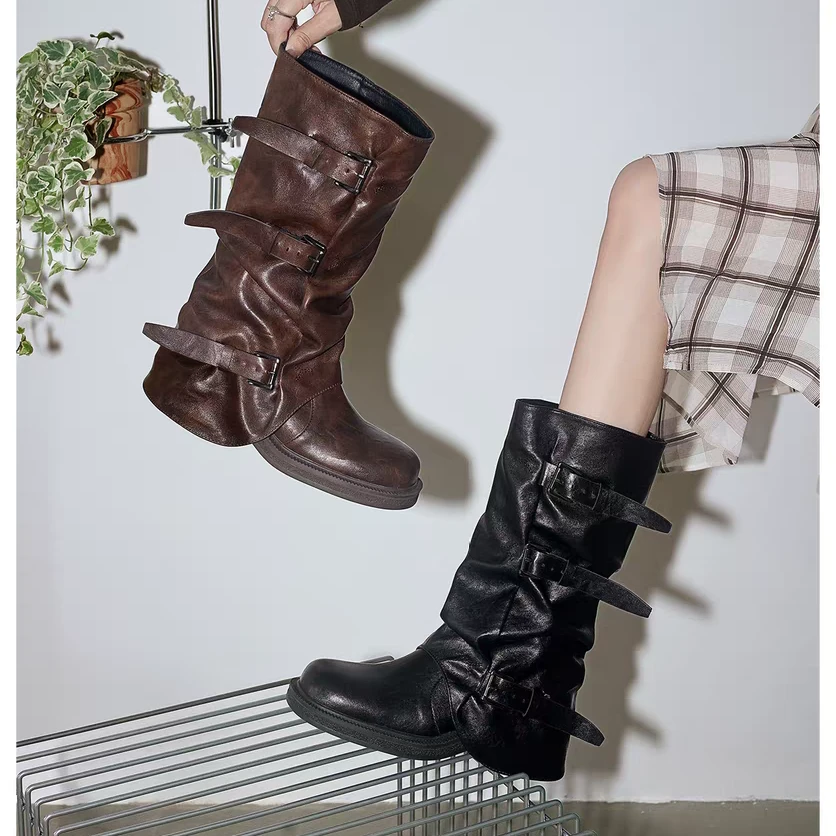 【真皮-淸货】琥珀色真皮废土风堆堆靴皮带扣增高显瘦中筒靴裤管靴