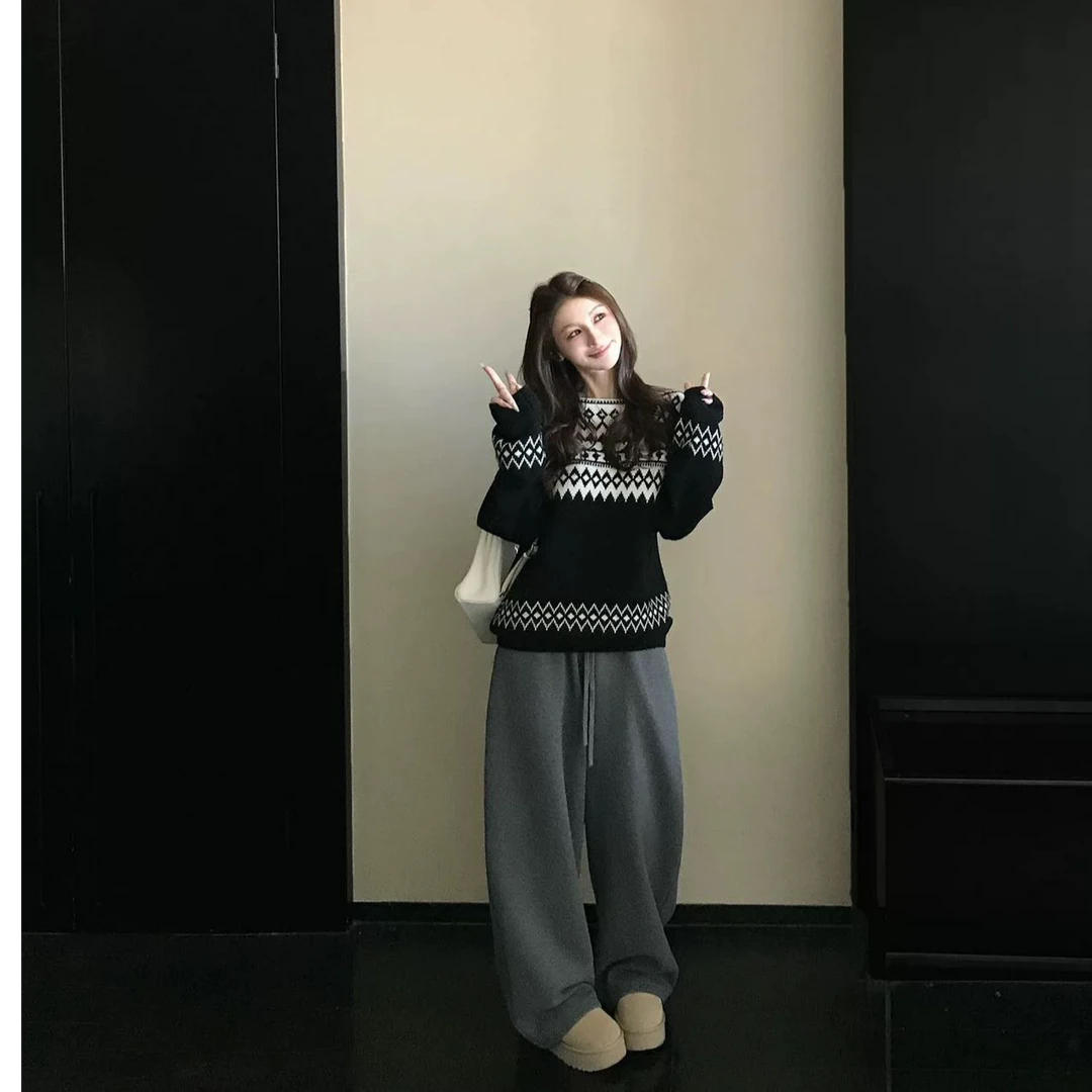 冬季流行风格慵懒风高级感针织衫上衣韩系松弛费尔岛咖色提花毛衣