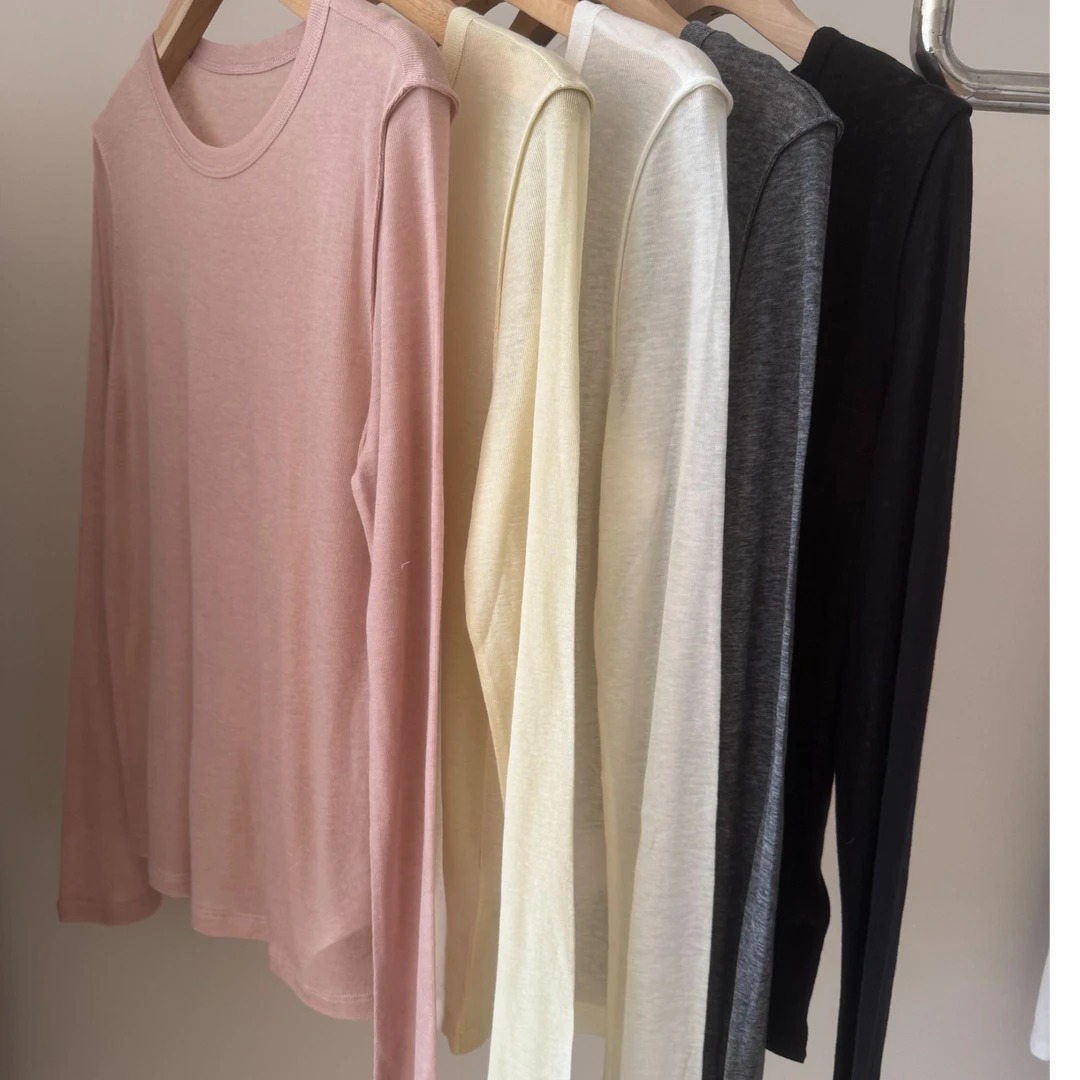 圆领长袖极简宽松天丝羊毛打底衫