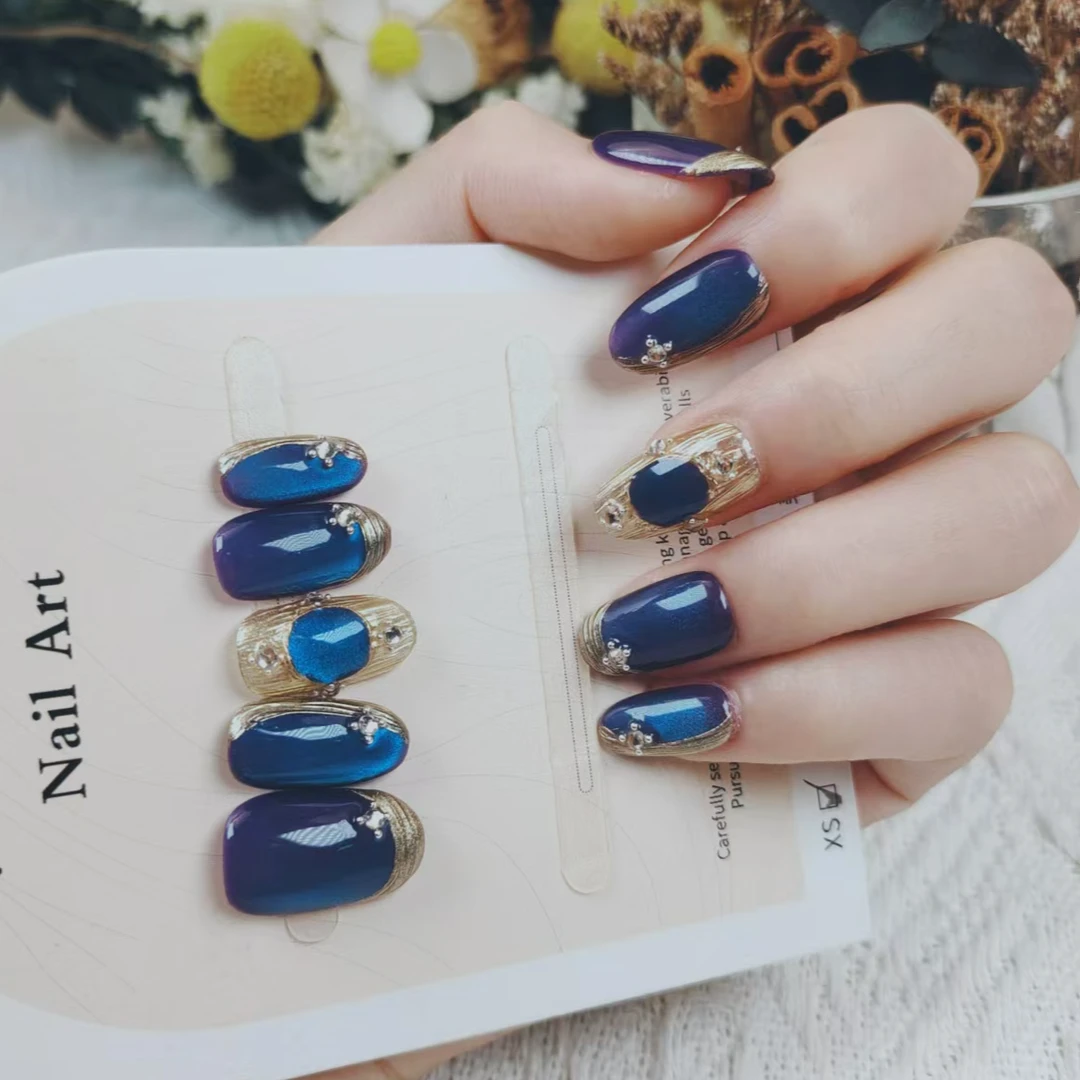 【米诺●紫蓝鎏金梦】紫色绸缎猫眼贵妇美甲纯手工轻奢中短款穿戴甲