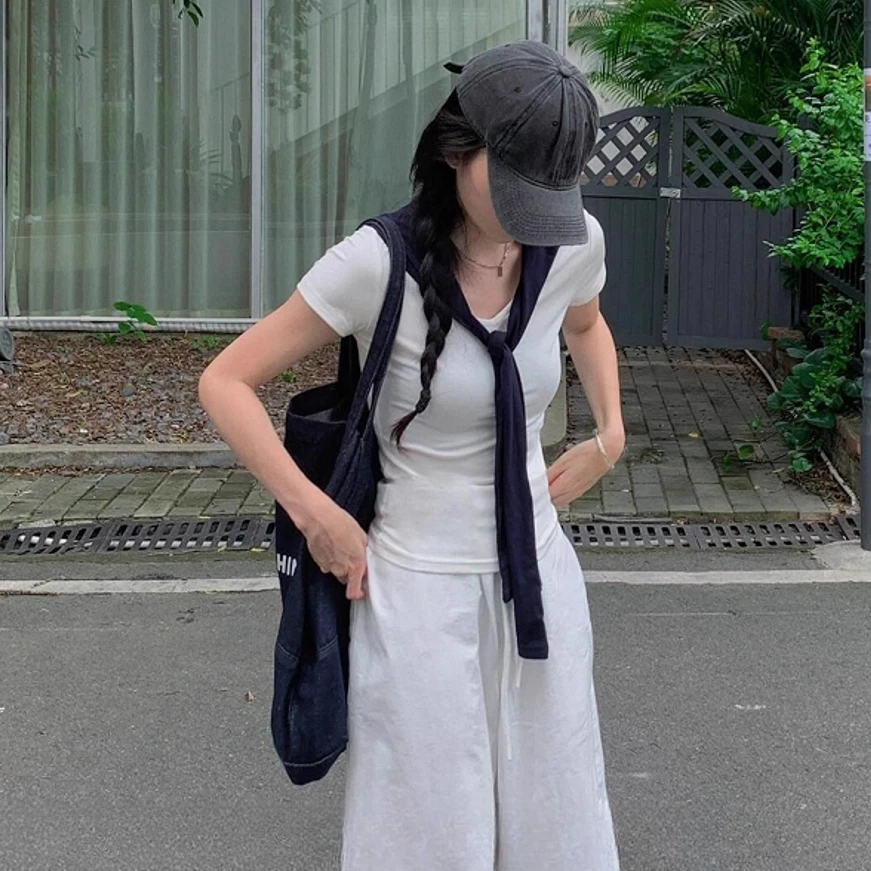 夏季新款极简风白色V领短袖t恤女设计感假两件披肩短款百搭上衣