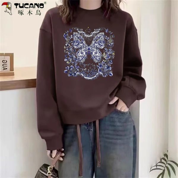 【啄木鳥】纯棉加绒加厚长袖t恤女冬季新款时尚保暖百搭上衣减龄