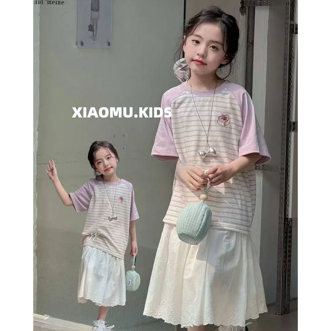 【小慕家】2025夏儿童拼接条纹T恤休闲宽松百搭时尚潮流10925