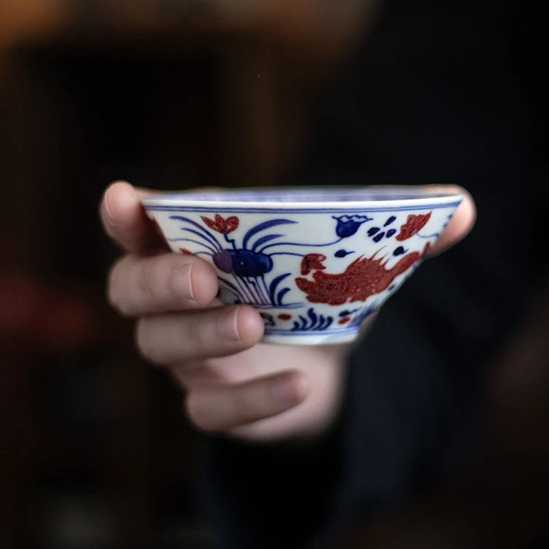 景德镇瓷器鱼澡纹斗笠杯·青花釉里红纯手工100ml