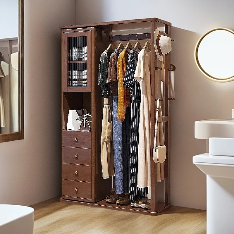 实木挂衣架落地可旋转带穿衣镜一体衣帽架家用卧室多功能置物衣架
