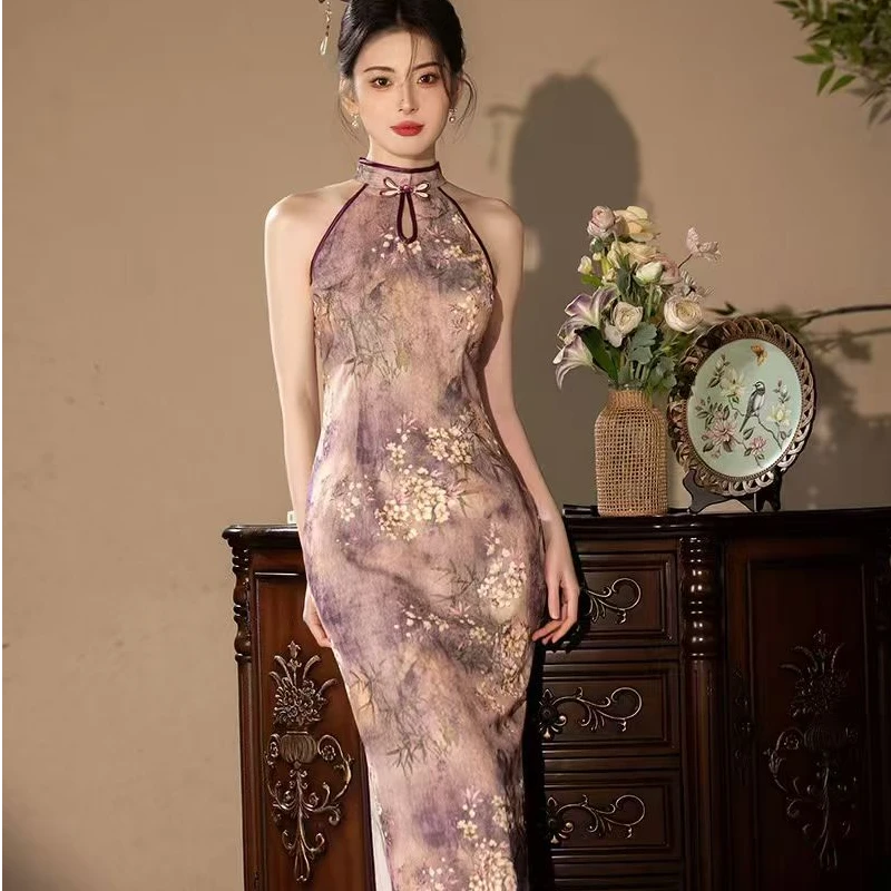 【紫韵竹情】夏季新款无袖修身显瘦日常百搭新中式中国风旗袍长120