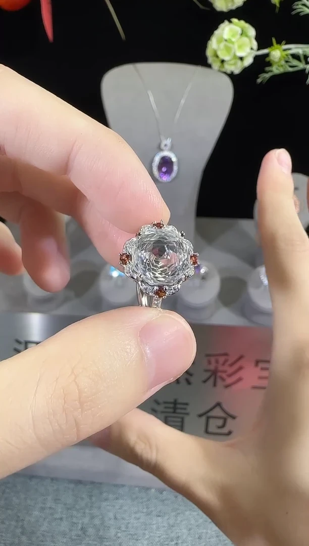 水晶戒指银S925镶嵌12mm白水晶戒指