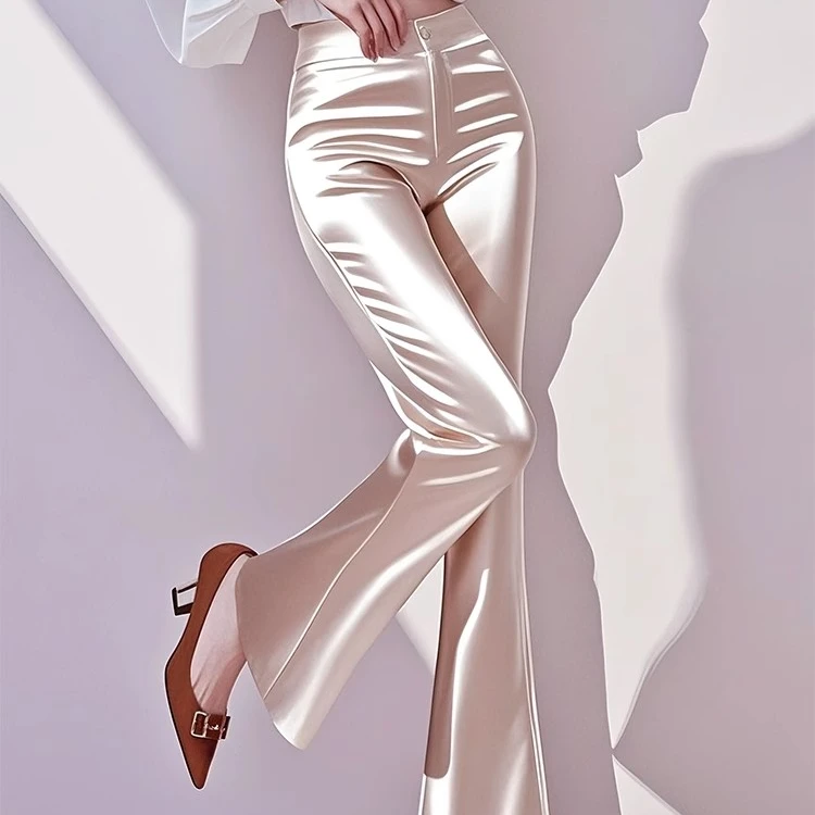 今年超火香槟色缎面阔腿裤女2025早秋新款垂感直筒凉凉微喇长裤子