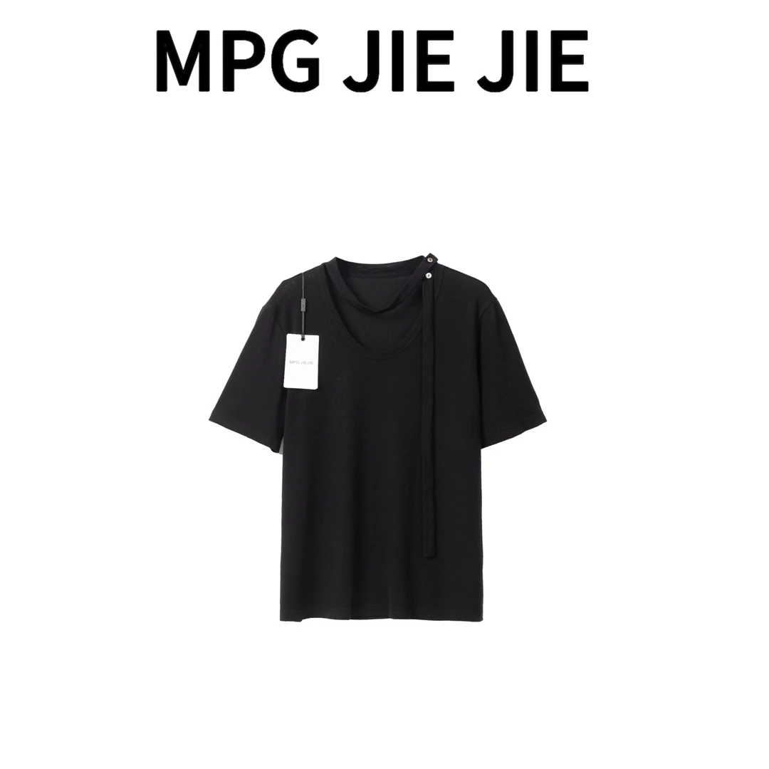 MPG JIEJIE【蝶骨】25春夏针织时尚休闲黑色纯色设计飘带圆领T恤