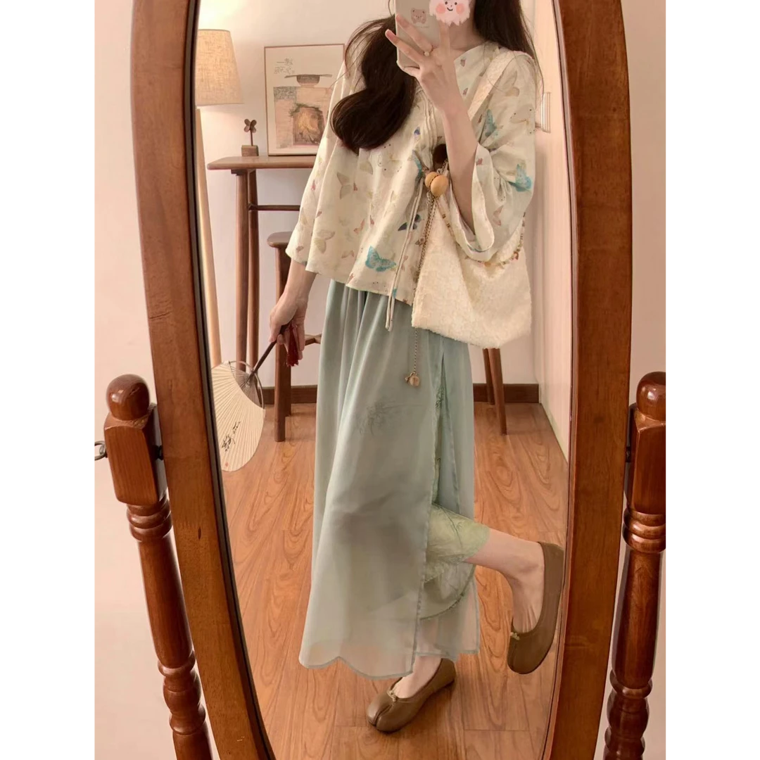 新中式改良汉元素复古春季套装新款文艺清新上衣仙气阔腿裤裙