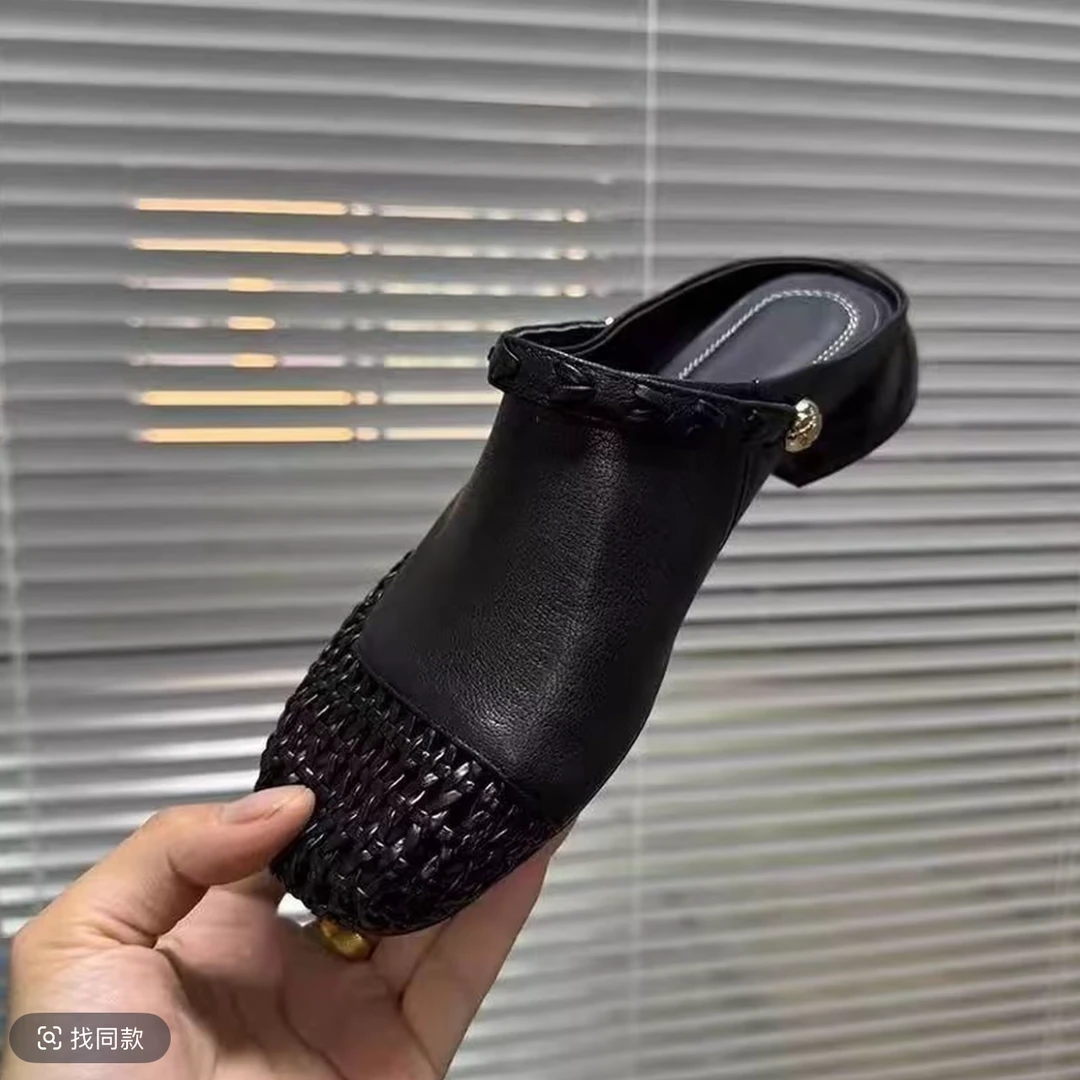 DN夏季新款方头拖鞋女外穿法式平底复古包头一脚蹬外穿拖鞋女