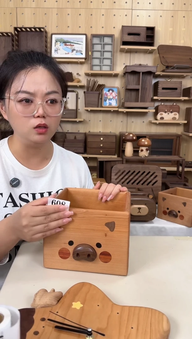 木608号小猪樱桃木方形收纳筐微瑕